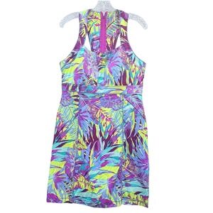 Title Nine Women's Nimblene Purple Green Tropical Print Racerback Dress Size 10